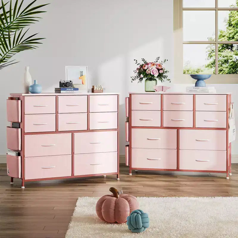 10-Drawer Fabric Dresser & Media Console - Storage Tower with Steel Frame, Wood Top for Bedroom, Living Room, Entryway
