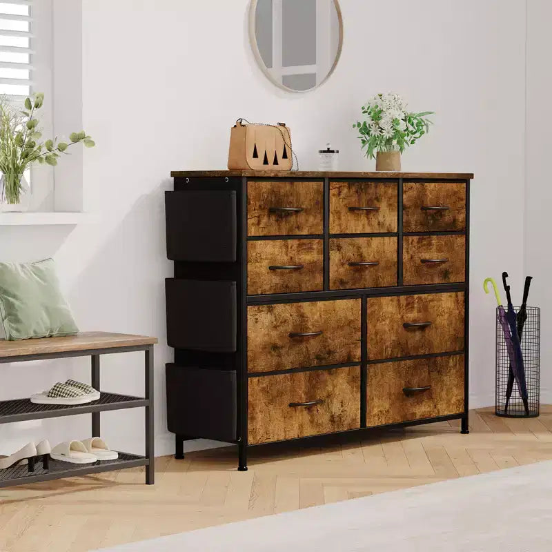 10-Drawer Fabric Dresser & Media Console - Storage Tower with Steel Frame, Wood Top for Bedroom, Living Room, Entryway