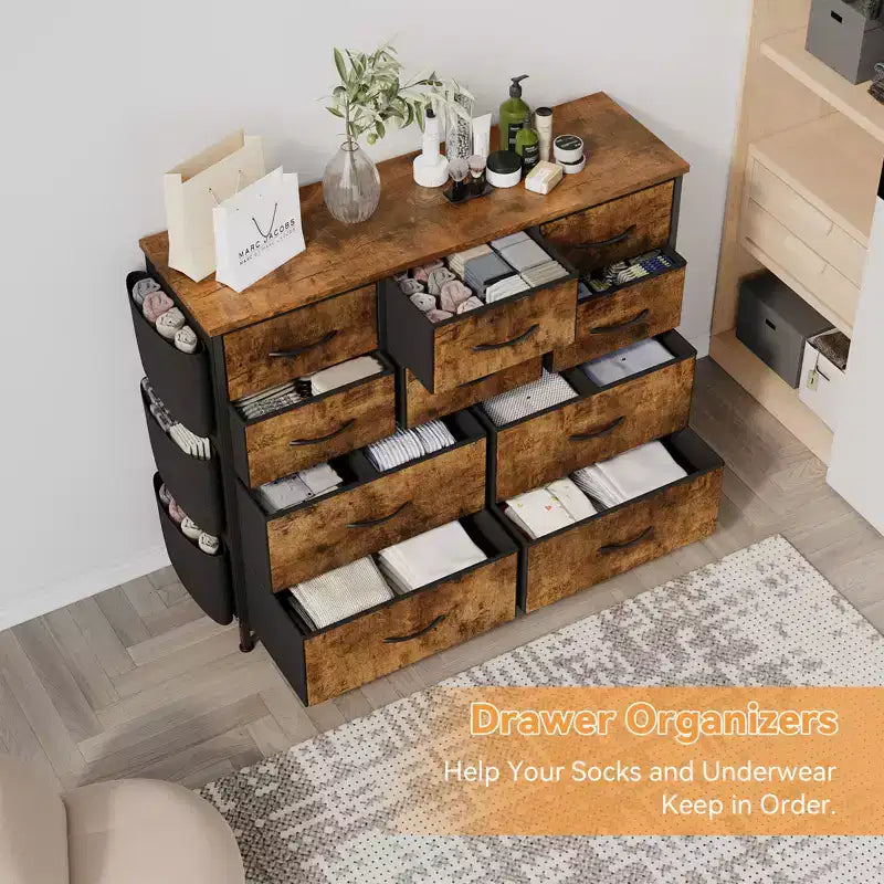 10-Drawer Fabric Dresser & Media Console - Storage Tower with Steel Frame, Wood Top for Bedroom, Living Room, Entryway