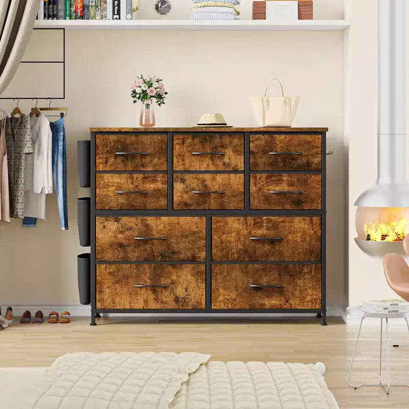 10-Drawer Fabric Dresser & Media Console - Storage Tower with Steel Frame, Wood Top for Bedroom, Living Room, Entryway