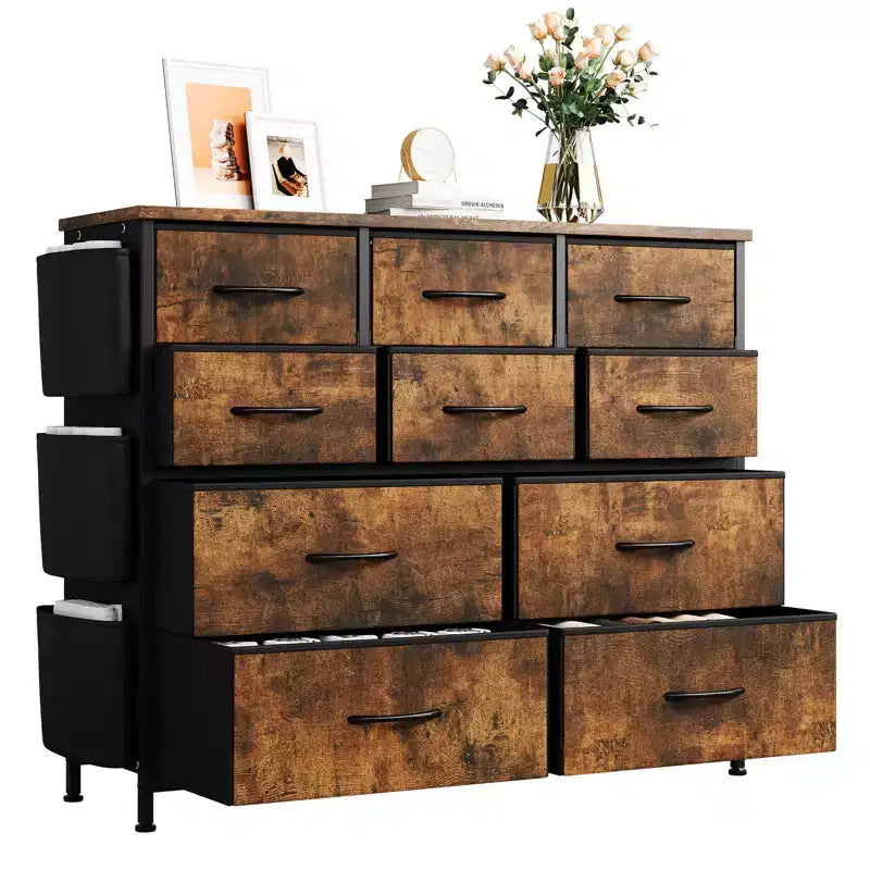 10-Drawer Fabric Dresser & Media Console - Storage Tower with Steel Frame, Wood Top for Bedroom, Living Room, Entryway
