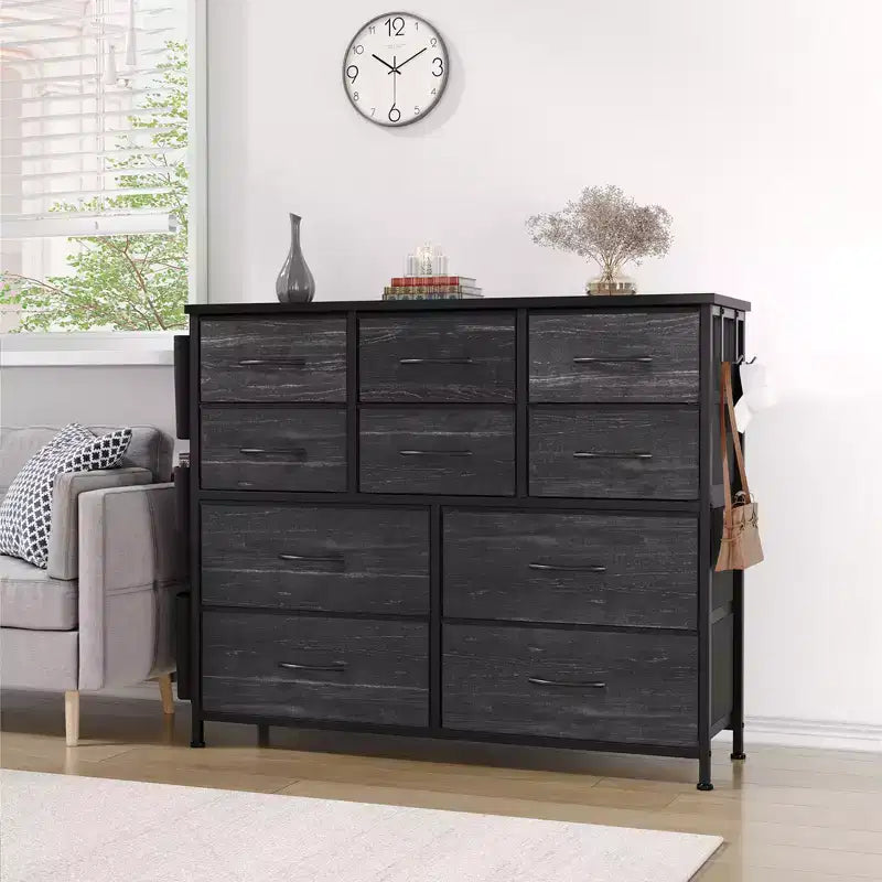 10-Drawer Fabric Dresser & Media Console - Storage Tower with Steel Frame, Wood Top for Bedroom, Living Room, Entryway