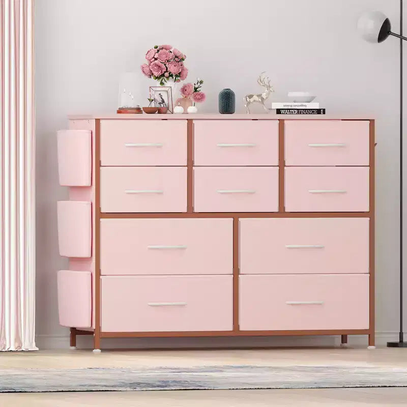 10-Drawer Fabric Dresser & Media Console - Storage Tower with Steel Frame, Wood Top for Bedroom, Living Room, Entryway