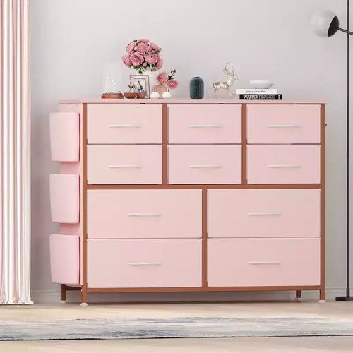 10-Drawer Fabric Dresser & Media Console - Storage Tower with Steel Frame, Wood Top for Bedroom, Living Room, Entryway
