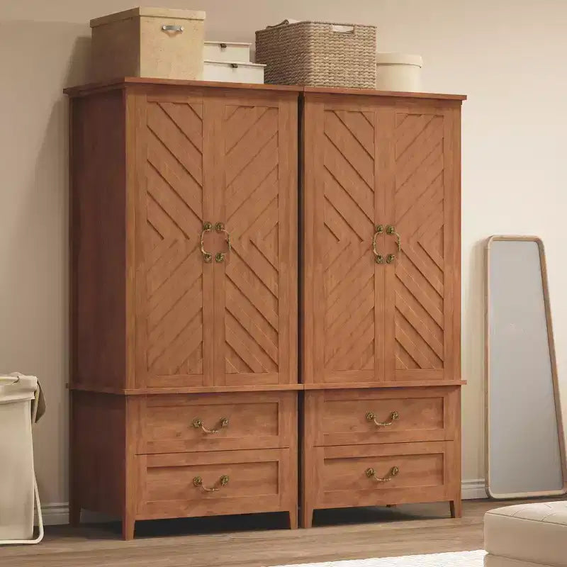 V Shape Armoire Wardrobe Closet with 2 Doors and 2 Drawers, 71.06 Farmhouse Wooden Tall Bedroom Storage Cabinet with Hanging Rod, Large Capacity