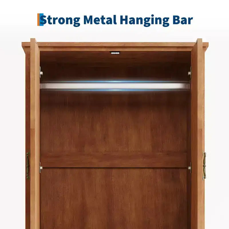 V Shape Armoire Wardrobe Closet with 2 Doors and 2 Drawers, 71.06 Farmhouse Wooden Tall Bedroom Storage Cabinet with Hanging Rod, Large Capacity