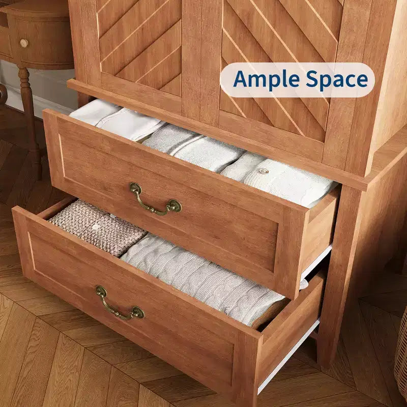V Shape Armoire Wardrobe Closet with 2 Doors and 2 Drawers, 71.06 Farmhouse Wooden Tall Bedroom Storage Cabinet with Hanging Rod, Large Capacity