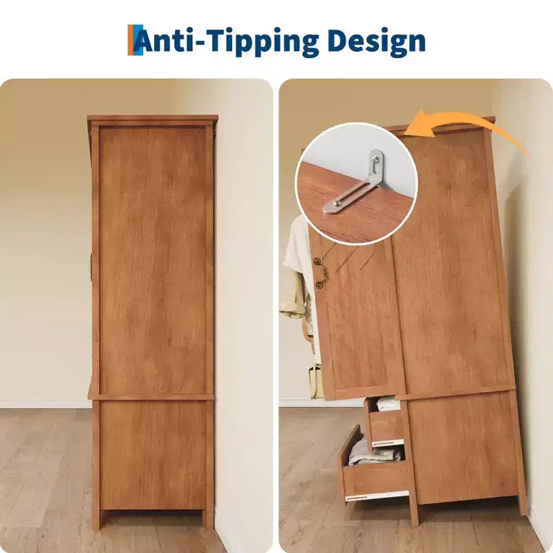 V Shape Armoire Wardrobe Closet with 2 Doors and 2 Drawers, 71.06 Farmhouse Wooden Tall Bedroom Storage Cabinet with Hanging Rod, Large Capacity