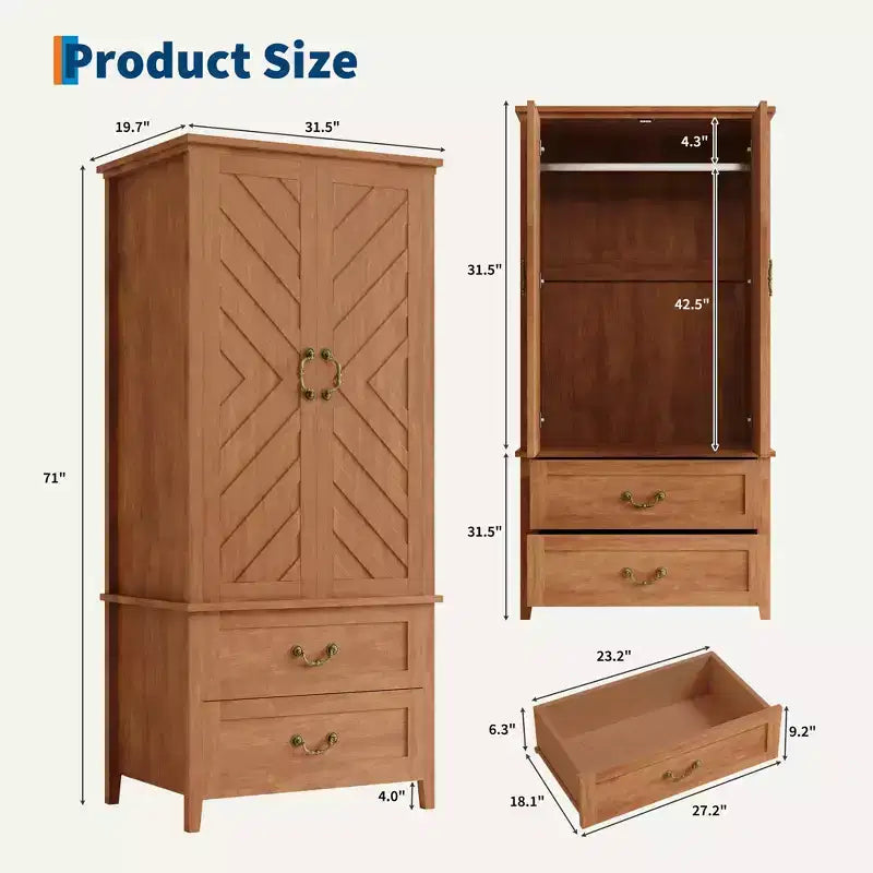 V Shape Armoire Wardrobe Closet with 2 Doors and 2 Drawers, 71.06 Farmhouse Wooden Tall Bedroom Storage Cabinet with Hanging Rod, Large Capacity
