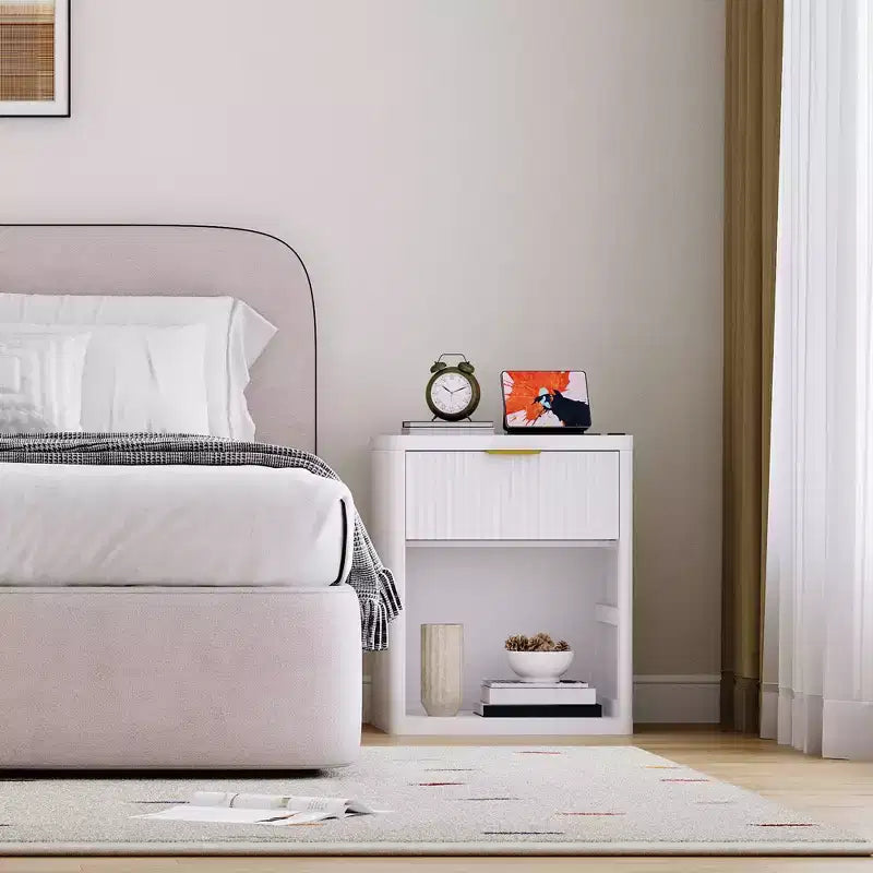 Set of 2 Nightstand - Charging Station, 2 Drawers & Open Shelf, Rounded Safety Corners, Mid-Century Metal Handles for Bedroom & Living Room