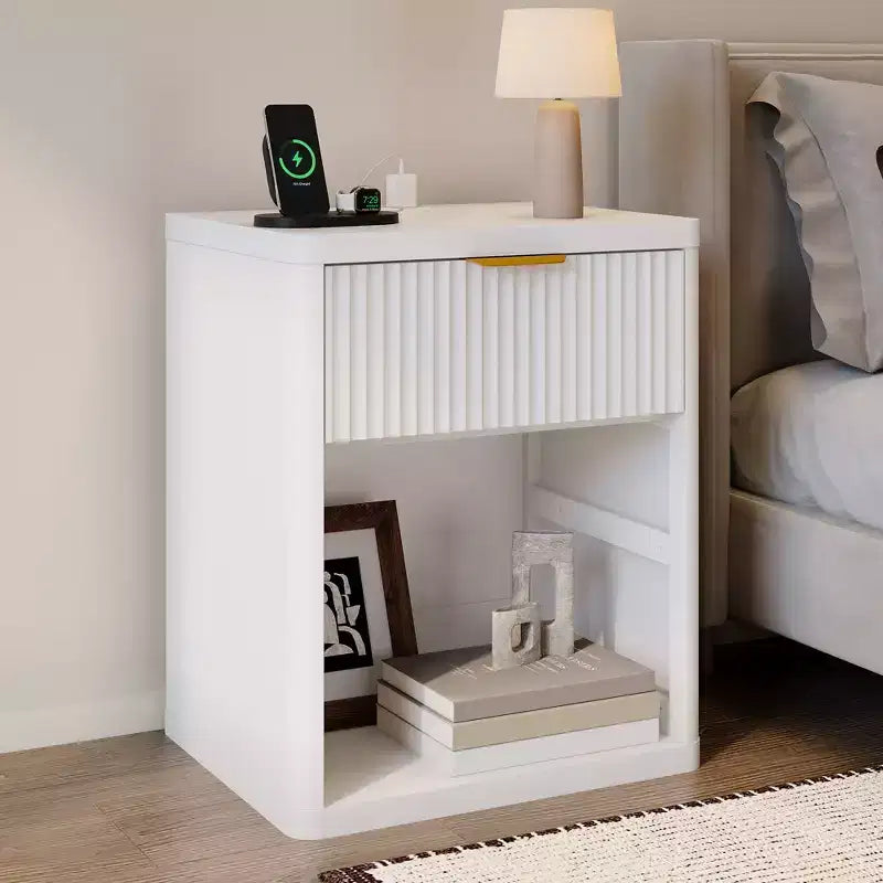 Set of 2 Nightstand - Charging Station, 2 Drawers & Open Shelf, Rounded Safety Corners, Mid-Century Metal Handles for Bedroom & Living Room
