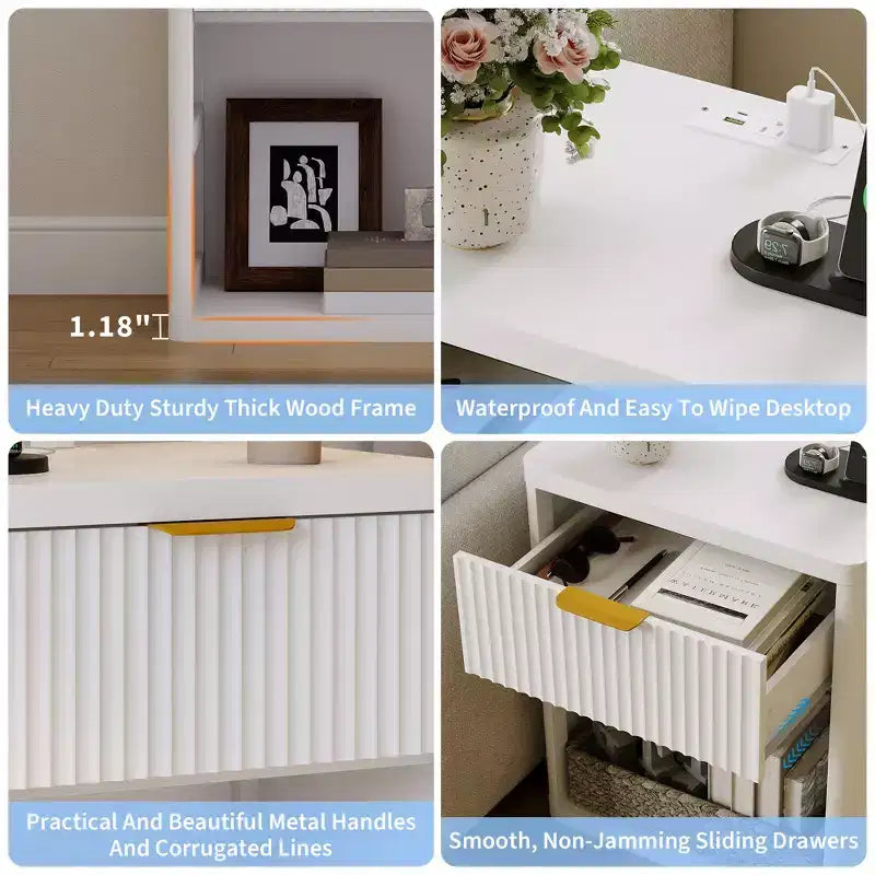 Set of 2 Nightstand - Charging Station, 2 Drawers & Open Shelf, Rounded Safety Corners, Mid-Century Metal Handles for Bedroom & Living Room