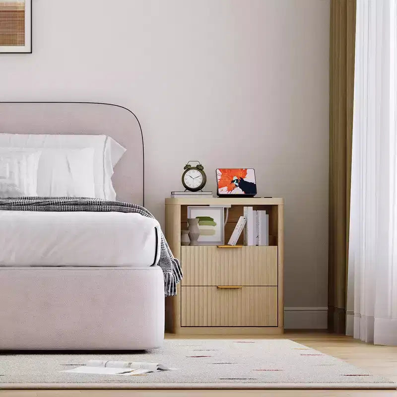 Set of 2 Nightstand - Charging Station, 2 Drawers & Open Shelf, Rounded Safety Corners, Mid-Century Metal Handles for Bedroom & Living Room