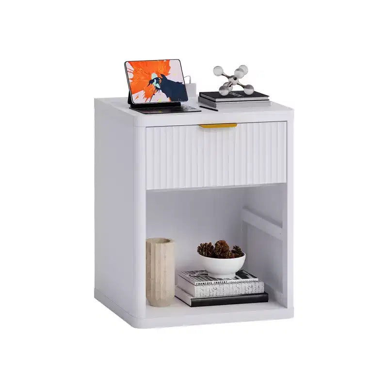 Set of 2 Nightstand - Charging Station, 2 Drawers & Open Shelf, Rounded Safety Corners, Mid-Century Metal Handles for Bedroom & Living Room