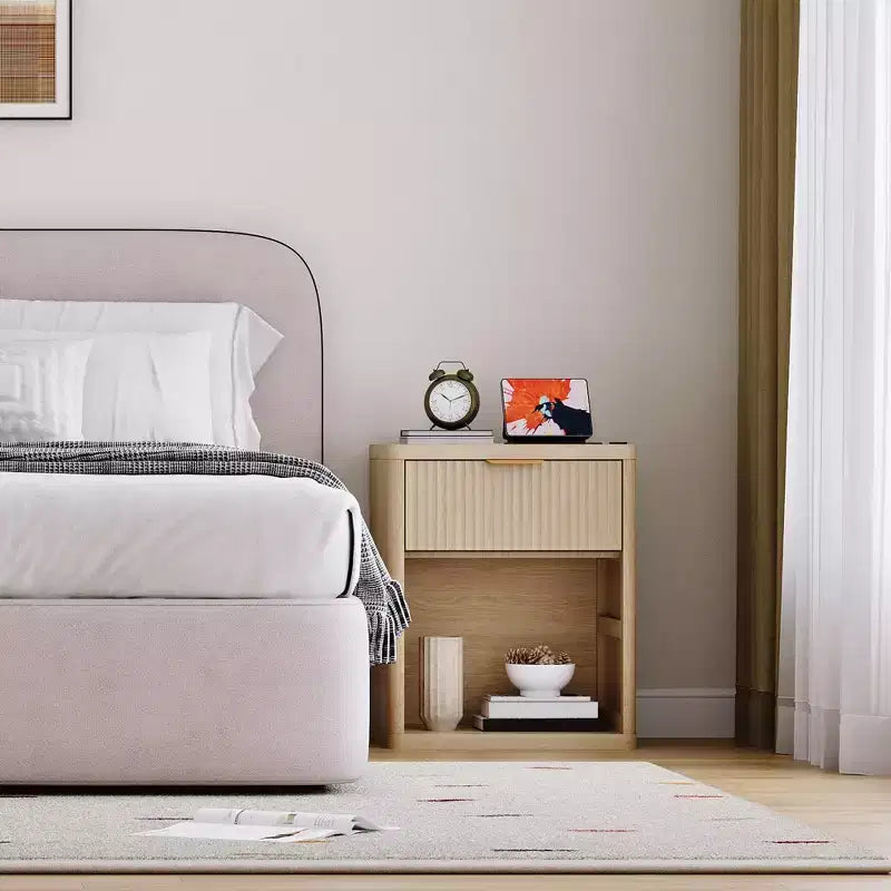 Set of 2 Nightstand - Charging Station, 2 Drawers & Open Shelf, Rounded Safety Corners, Mid-Century Metal Handles for Bedroom & Living Room