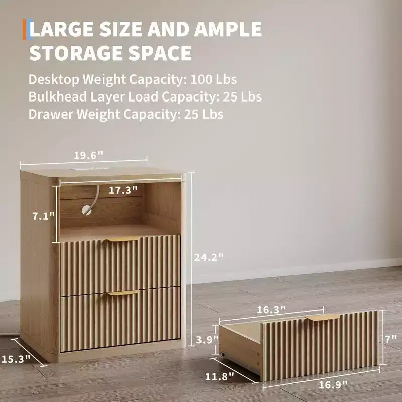 Set of 2 Nightstand - Charging Station, 2 Drawers & Open Shelf, Rounded Safety Corners, Mid-Century Metal Handles for Bedroom & Living Room