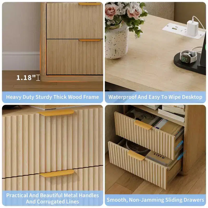Set of 2 Nightstand - Charging Station, 2 Drawers & Open Shelf, Rounded Safety Corners, Mid-Century Metal Handles for Bedroom & Living Room