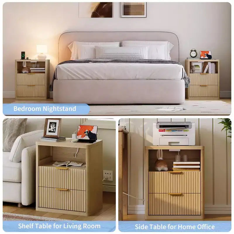 Set of 2 Nightstand - Charging Station, 2 Drawers & Open Shelf, Rounded Safety Corners, Mid-Century Metal Handles for Bedroom & Living Room