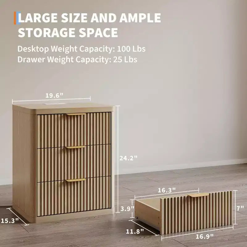 Set of 2 Nightstand - Charging Station, 2 Drawers & Open Shelf, Rounded Safety Corners, Mid-Century Metal Handles for Bedroom & Living Room