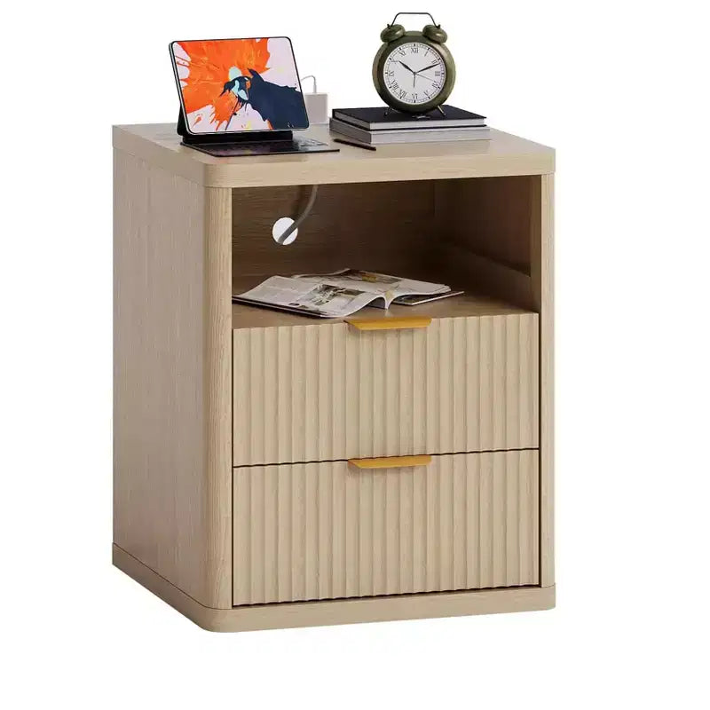 Set of 2 Nightstand - Charging Station, 2 Drawers & Open Shelf, Rounded Safety Corners, Mid-Century Metal Handles for Bedroom & Living Room