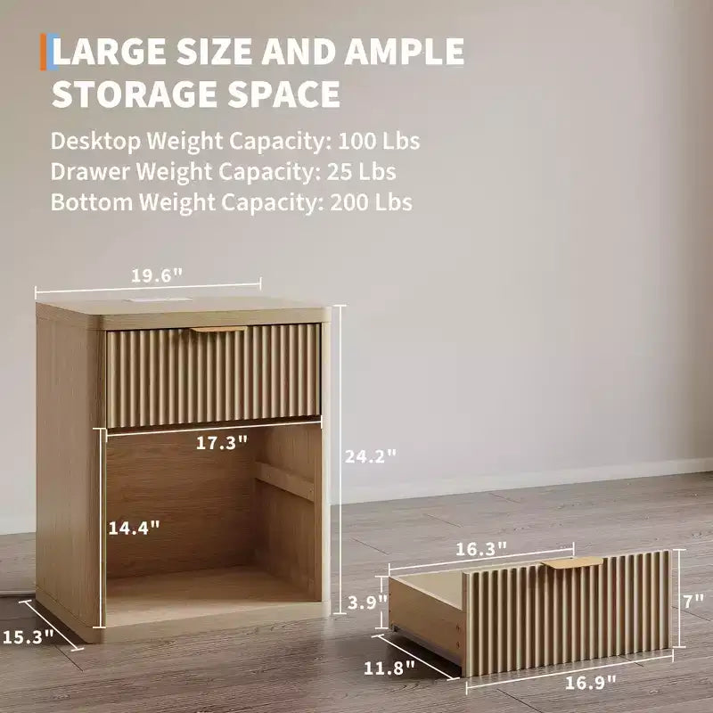 Set of 2 Nightstand - Charging Station, 2 Drawers & Open Shelf, Rounded Safety Corners, Mid-Century Metal Handles for Bedroom & Living Room
