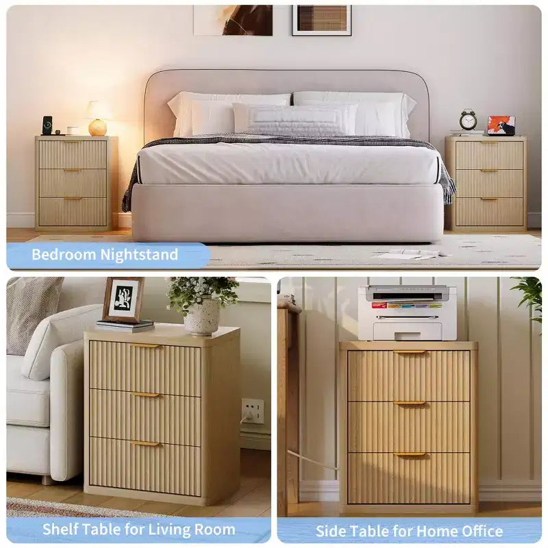 Set of 2 Nightstand - Charging Station, 2 Drawers & Open Shelf, Rounded Safety Corners, Mid-Century Metal Handles for Bedroom & Living Room