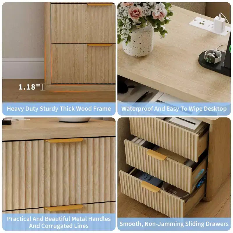 Set of 2 Nightstand - Charging Station, 2 Drawers & Open Shelf, Rounded Safety Corners, Mid-Century Metal Handles for Bedroom & Living Room