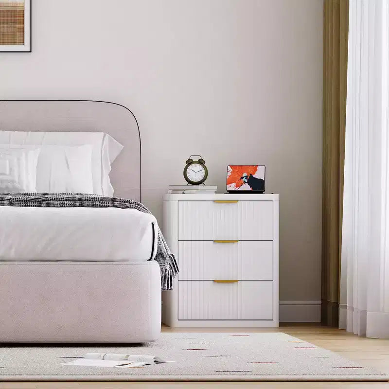 Set of 2 Nightstand - Charging Station, 2 Drawers & Open Shelf, Rounded Safety Corners, Mid-Century Metal Handles for Bedroom & Living Room