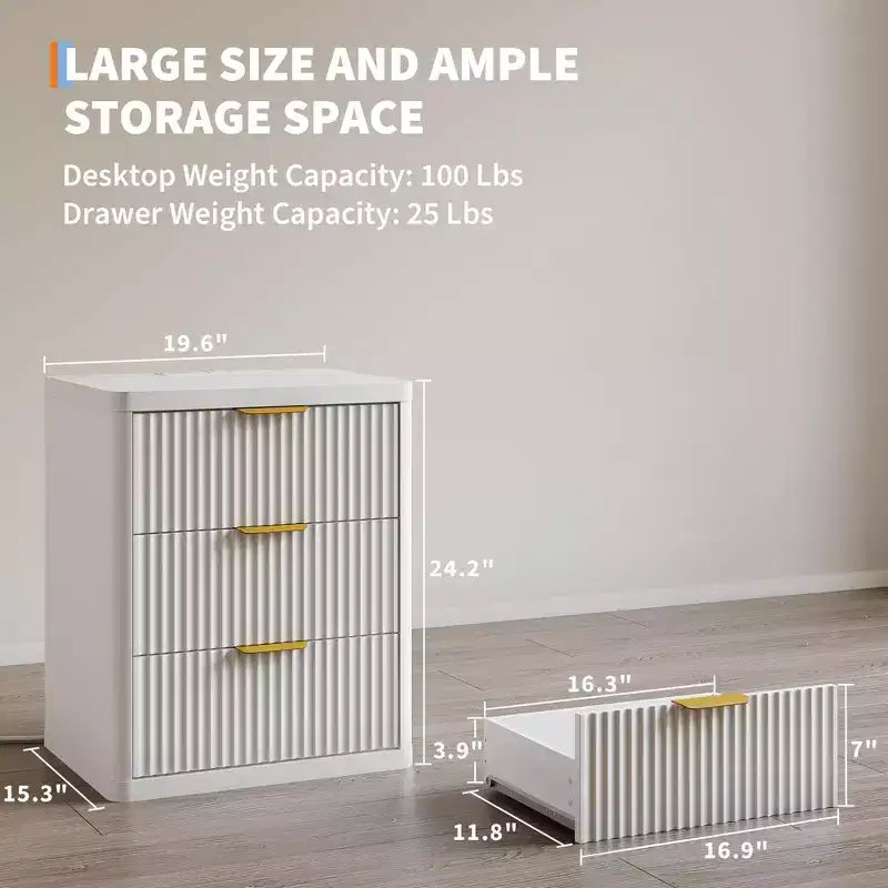 Set of 2 Nightstand - Charging Station, 2 Drawers & Open Shelf, Rounded Safety Corners, Mid-Century Metal Handles for Bedroom & Living Room