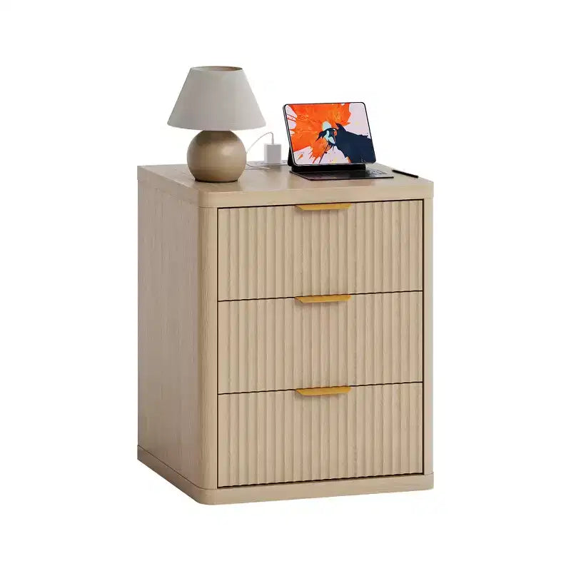 Set of 2 Nightstand - Charging Station, 2 Drawers & Open Shelf, Rounded Safety Corners, Mid-Century Metal Handles for Bedroom & Living Room