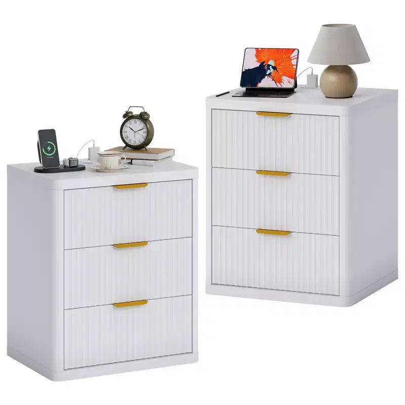 Set of 2 Nightstand - Charging Station, 2 Drawers & Open Shelf, Rounded Safety Corners, Mid-Century Metal Handles for Bedroom & Living Room
