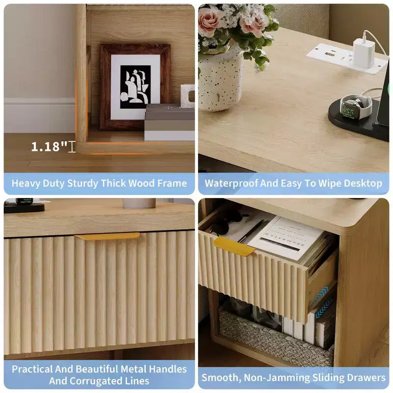 Set of 2 Nightstand - Charging Station, 2 Drawers & Open Shelf, Rounded Safety Corners, Mid-Century Metal Handles for Bedroom & Living Room