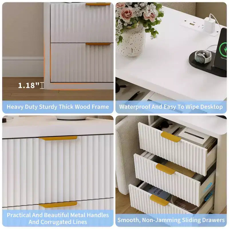 Set of 2 Nightstand - Charging Station, 2 Drawers & Open Shelf, Rounded Safety Corners, Mid-Century Metal Handles for Bedroom & Living Room