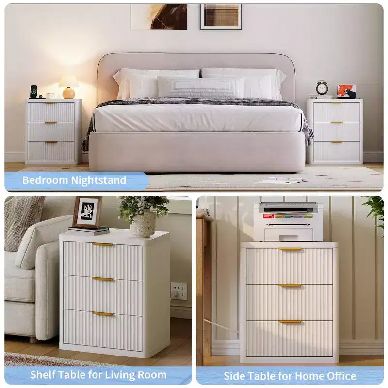 Set of 2 Nightstand - Charging Station, 2 Drawers & Open Shelf, Rounded Safety Corners, Mid-Century Metal Handles for Bedroom & Living Room