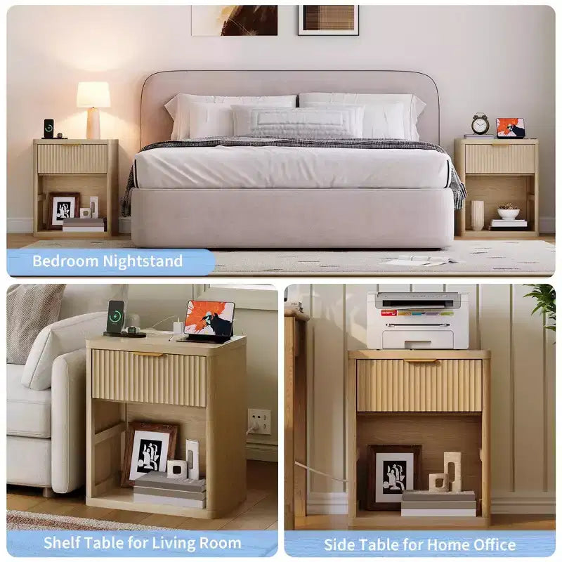 Set of 2 Nightstand - Charging Station, 2 Drawers & Open Shelf, Rounded Safety Corners, Mid-Century Metal Handles for Bedroom & Living Room