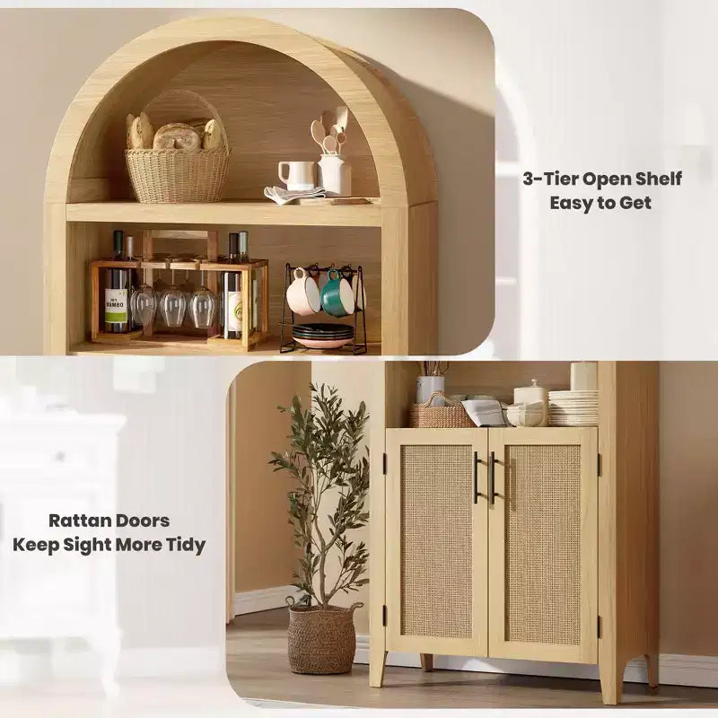 Arched Bookcase with Doors,5 Tier Open Display Shelf with Rattan Decor,Modern Farmhouse Storage Cupboard Cabinet for Home Office