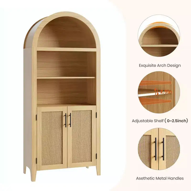 Arched Bookcase with Doors,5 Tier Open Display Shelf with Rattan Decor,Modern Farmhouse Storage Cupboard Cabinet for Home Office
