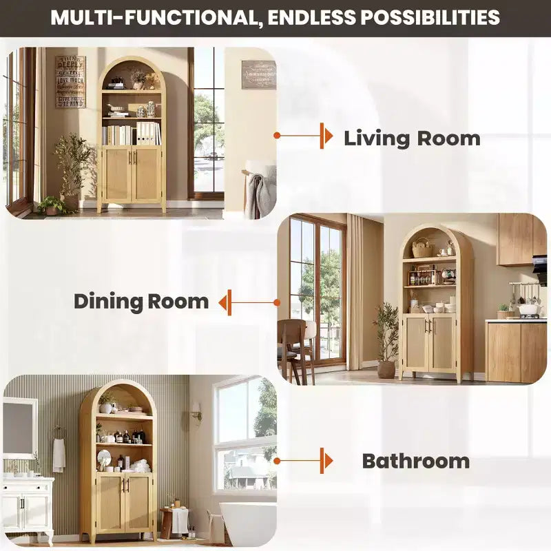 Arched Bookcase with Doors,5 Tier Open Display Shelf with Rattan Decor,Modern Farmhouse Storage Cupboard Cabinet for Home Office