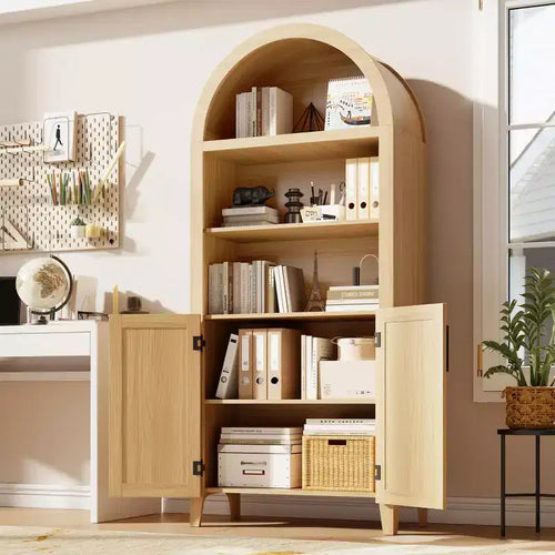 Arched Bookcase with Doors,5 Tier Open Display Shelf with Rattan Decor,Modern Farmhouse Storage Cupboard Cabinet for Home Office