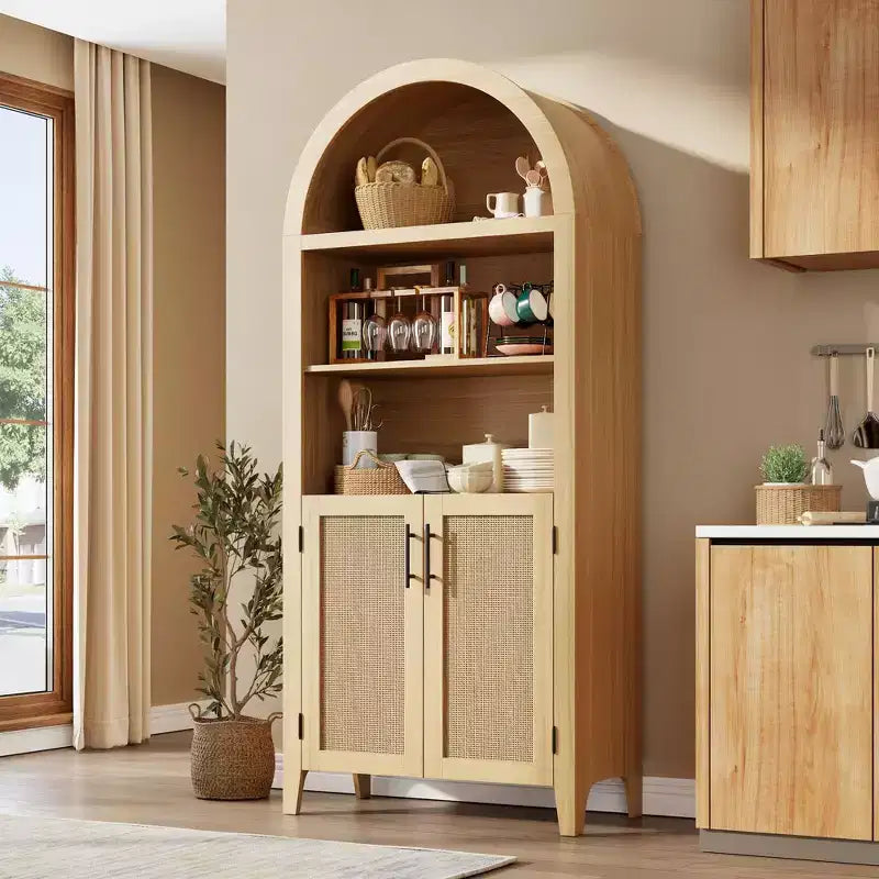 Arched Bookcase with Doors,5 Tier Open Display Shelf with Rattan Decor,Modern Farmhouse Storage Cupboard Cabinet for Home Office