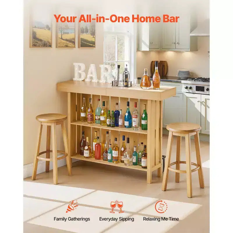 VEVOR Home Bar Unit, Wine Bar Cabinet Table 3-Tier with Storage Shelves, Opener Storage Box & Adjustable Foot Pads, Black Footrest, Light Brown