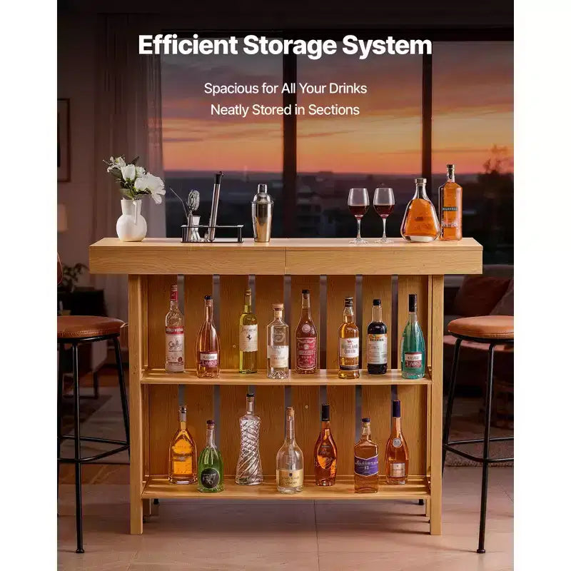 VEVOR Home Bar Unit, Wine Bar Cabinet Table 3-Tier with Storage Shelves, Opener Storage Box & Adjustable Foot Pads, Black Footrest, Light Brown