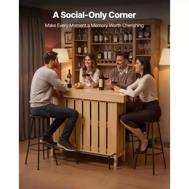 VEVOR Home Bar Unit, Wine Bar Cabinet Table 3-Tier with Storage Shelves, Opener Storage Box & Adjustable Foot Pads, Black Footrest, Light Brown