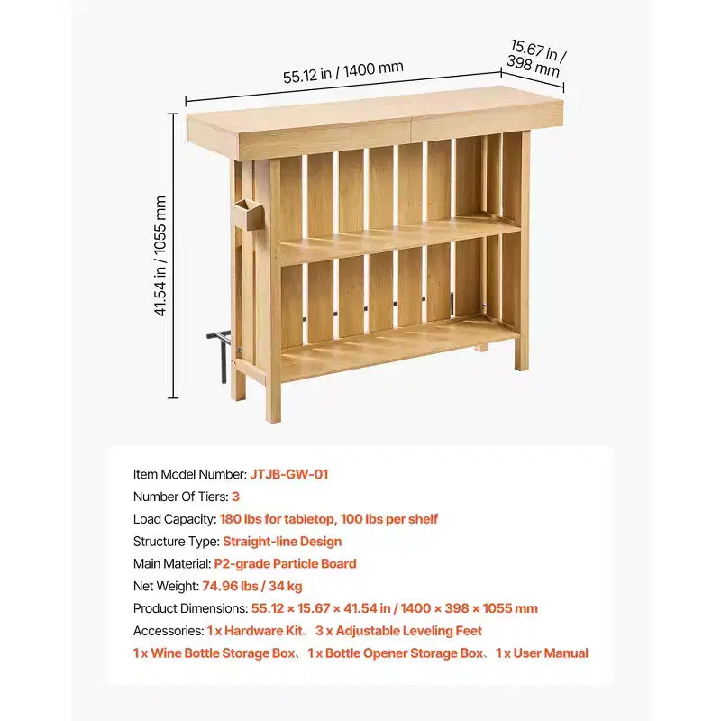 VEVOR Home Bar Unit, Wine Bar Cabinet Table 3-Tier with Storage Shelves, Opener Storage Box & Adjustable Foot Pads, Black Footrest, Light Brown
