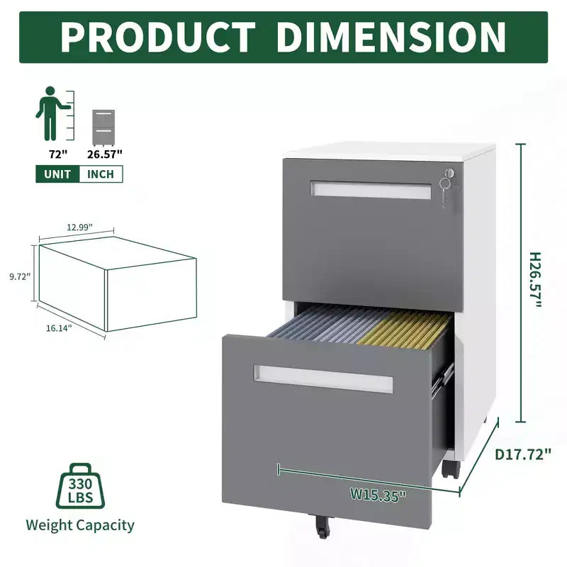 2-Drawer Mobile File Cabinet with Lock, All-Steel Metal Storage Cabinet on 360 Wheels