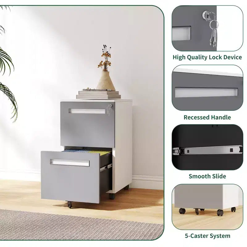 2-Drawer Mobile File Cabinet with Lock, All-Steel Metal Storage Cabinet on 360 Wheels