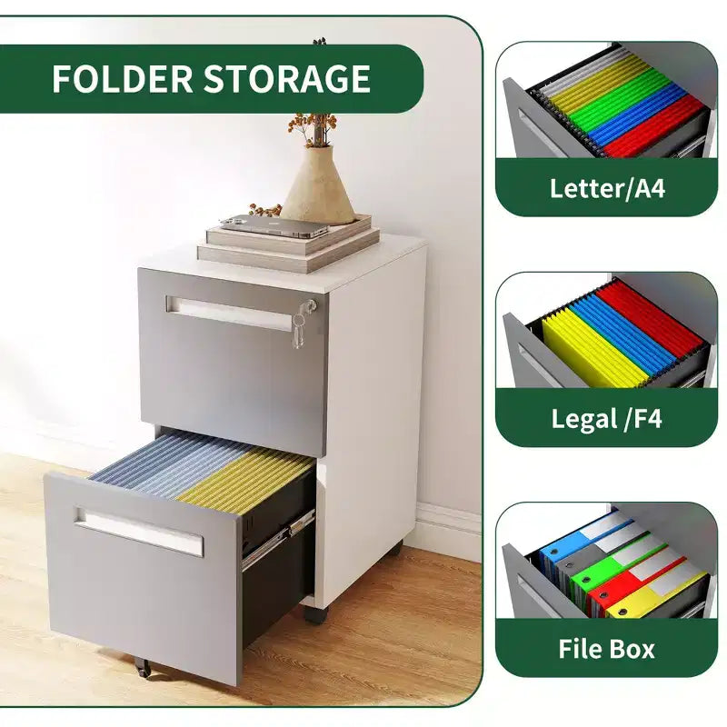2-Drawer Mobile File Cabinet with Lock, All-Steel Metal Storage Cabinet on 360 Wheels