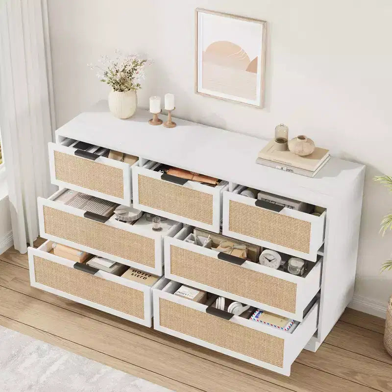 7 Drawer Rattan Dresser for Bedroom, Farmhouse Rattan TV Stand with 7 Storage Drawer,Modern Versatile Organizer for Bedroom,Entryway
