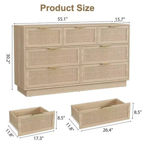 7 Drawer Rattan Dresser for Bedroom, Farmhouse Rattan TV Stand with 7 Storage Drawer,Modern Versatile Organizer for Bedroom,Entryway