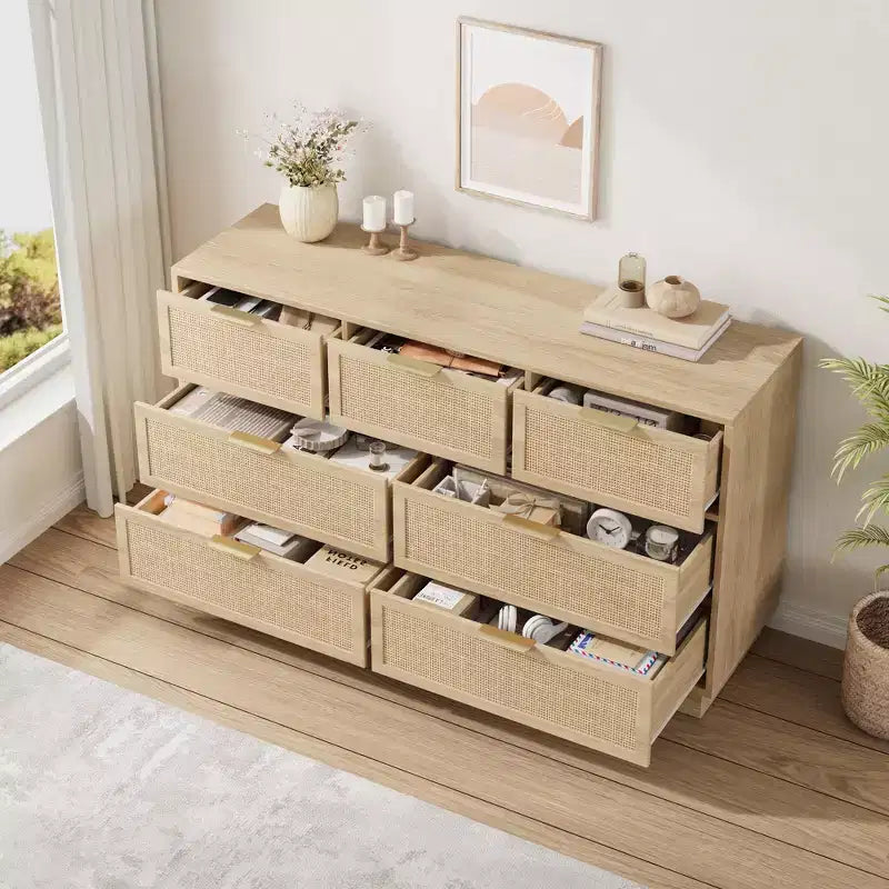 7 Drawer Rattan Dresser for Bedroom, Farmhouse Rattan TV Stand with 7 Storage Drawer,Modern Versatile Organizer for Bedroom,Entryway